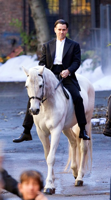 Colin Farrell on a white horse on the set of Winter’s Tale